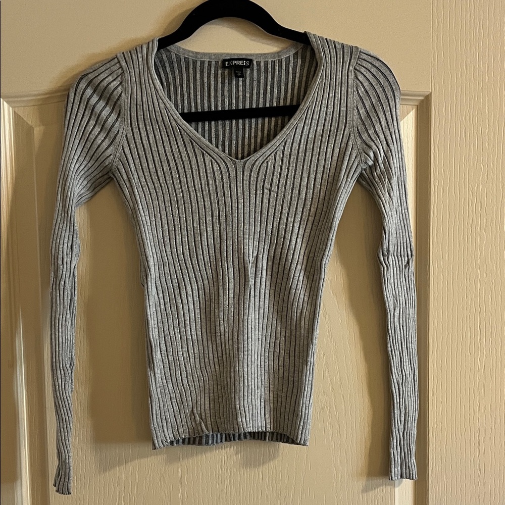 Express Ribbed V-Neck Sweater - Gray